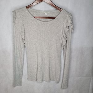 Lucky Brand Top Gray Ribbed Long Sleeve Ruffle Shoulder Girly Classic Tee Small